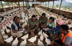 Trainees taking notes among broilers during a Donguté Academy session at the Mile 2 broiler training hub in Limbe