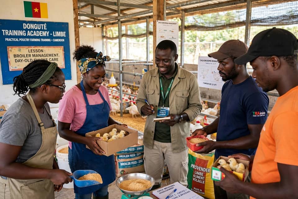 A Donguté Training Academy trainer leading a broiler management and day-old chick care lesson in Limbe, with trainees weighing feed and handling chicks.