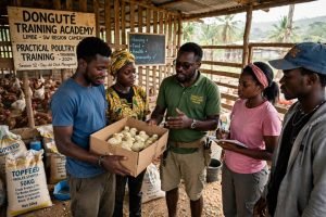 A Donguté Academy instructor demonstrating day-old chick management in a brooder at Limbe