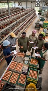 Trainees grading and weighing eggs at the Donguté Academy layers training hub in Limbe