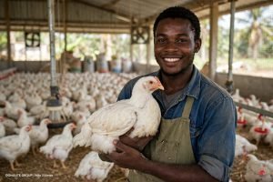 A Donguté Academy trainee holding a healthy broiler at the Mile 2 farm in Limbe